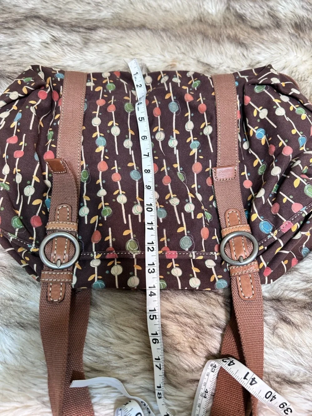 Fossil Brown Canvas Tote with Colorful Dot Stem Print and Green Lined Interior - Picture 5 of 9